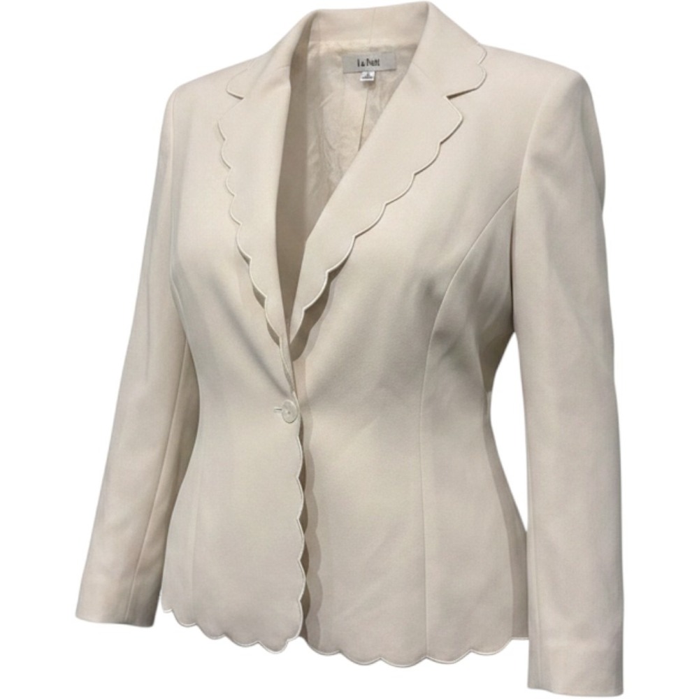 Le Suit Womens Cream Scalloped Trim Single Button Blazer Jacket Size 16